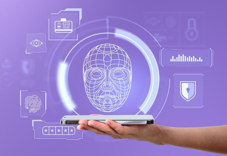 hand holding mobile phone with AI icons in background