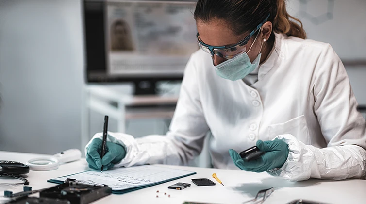 Woman logging notes wearing a mask and goggles