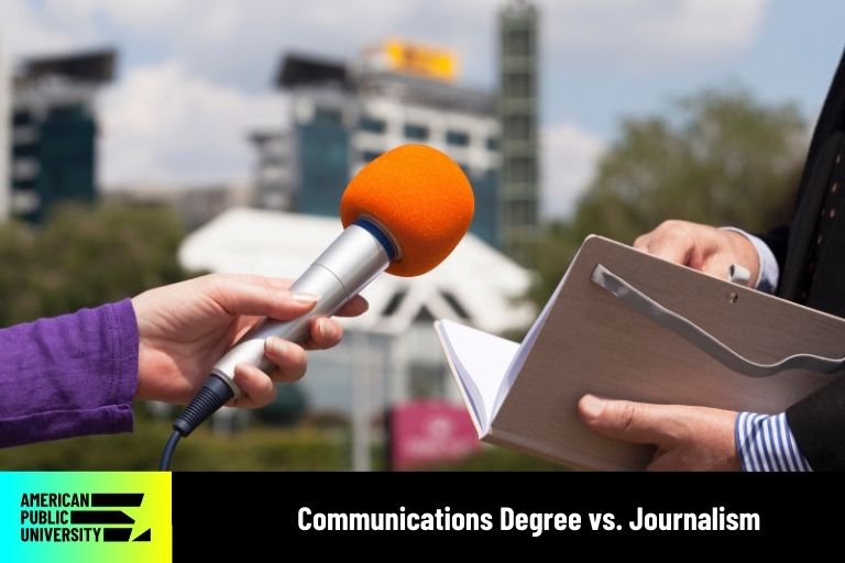 communication degree student with microphone