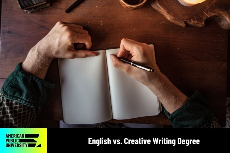 english-vs-creative-writing-degree Creative writing student with notebook