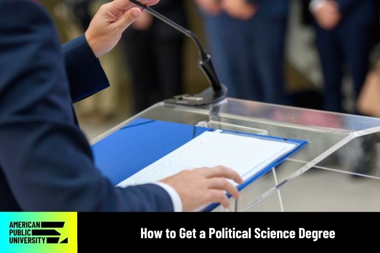 political science professional at podium