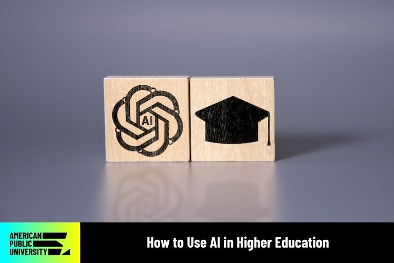 AI icon and graduation cap on wooden blocks
