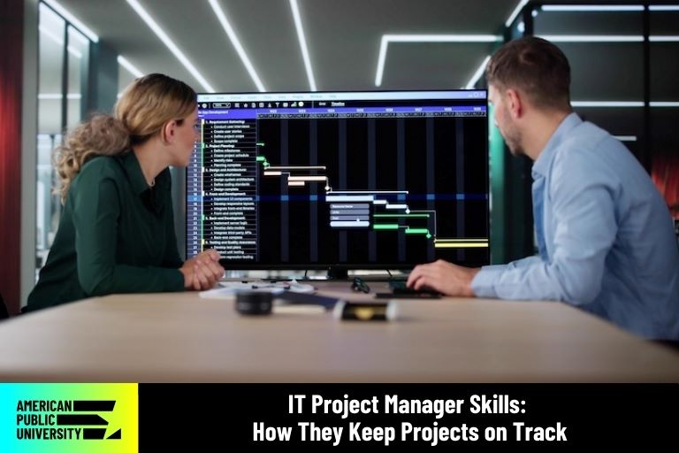 IT project managers looking at data on screen