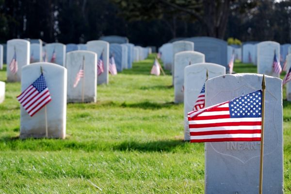 military history veteran graveyard with American flags