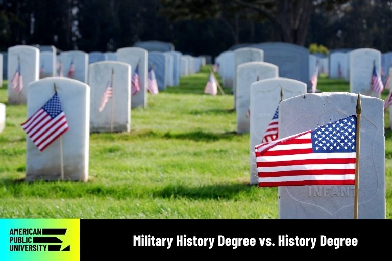 military history veteran graveyard with American flags