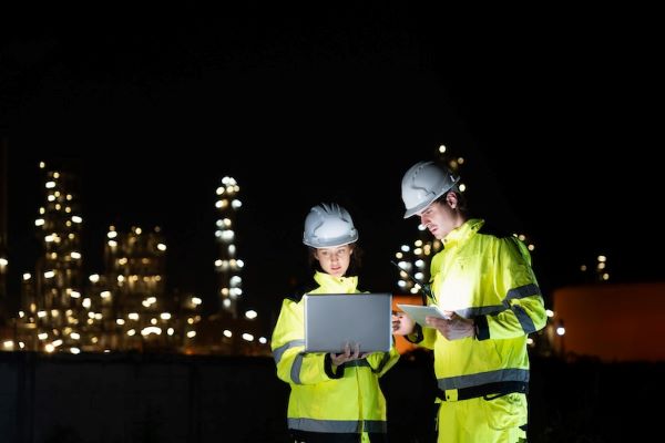 critical infrastructure engineers working at night looking at laptop