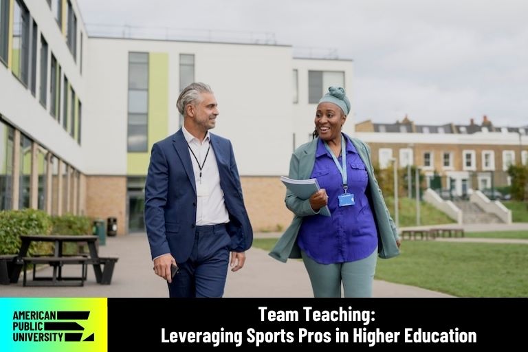 team-teaching teachers walking on campus while talking