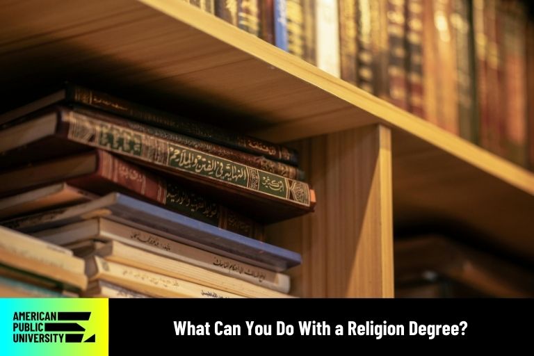 religion books on library shelf