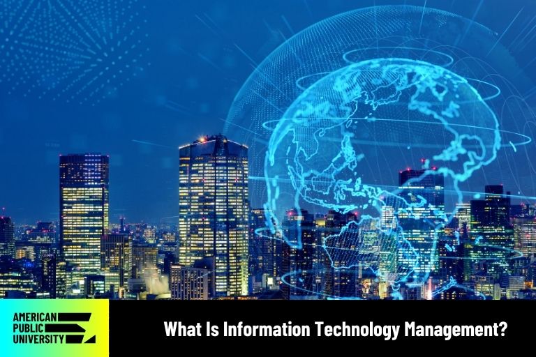 information technology management graphic above city